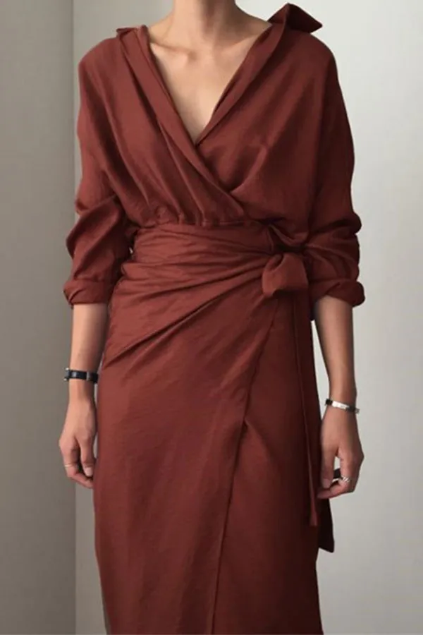 Solid Color V-neck Wrap Dress