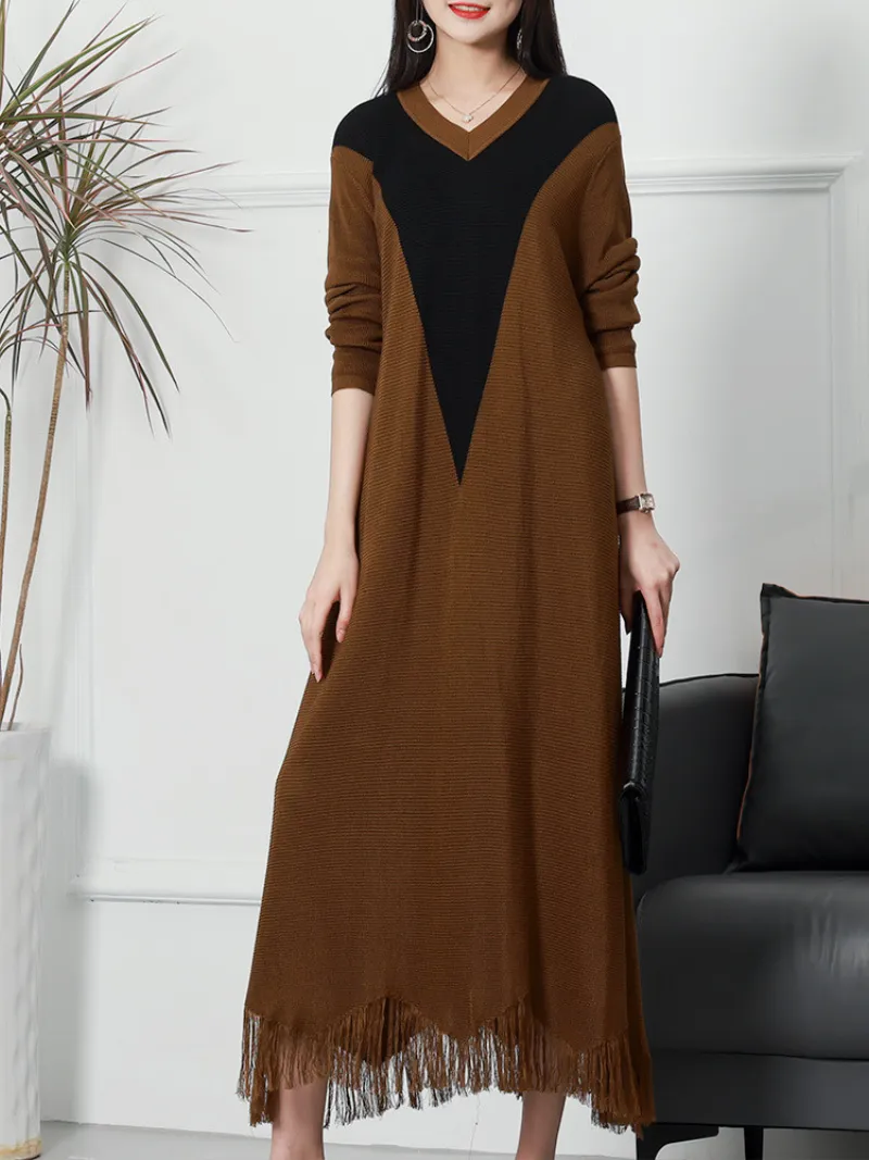 Spring Fit and Flare Loose Round Neck Knitted Midi-Dress