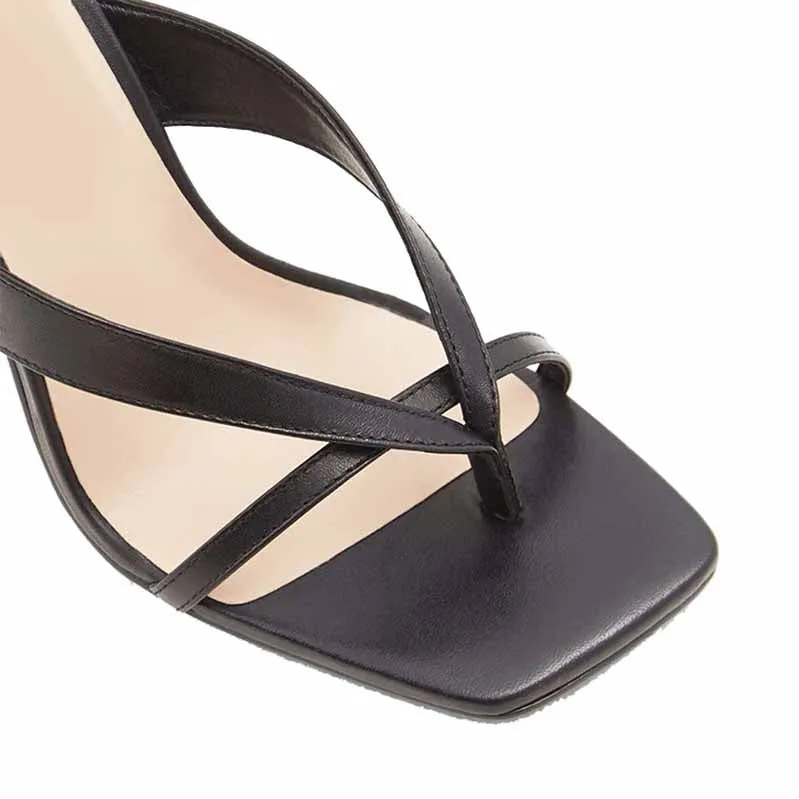 Square Toe Ankle Strappy Stiletto Black Flip Flops Ankle Strap Pumps