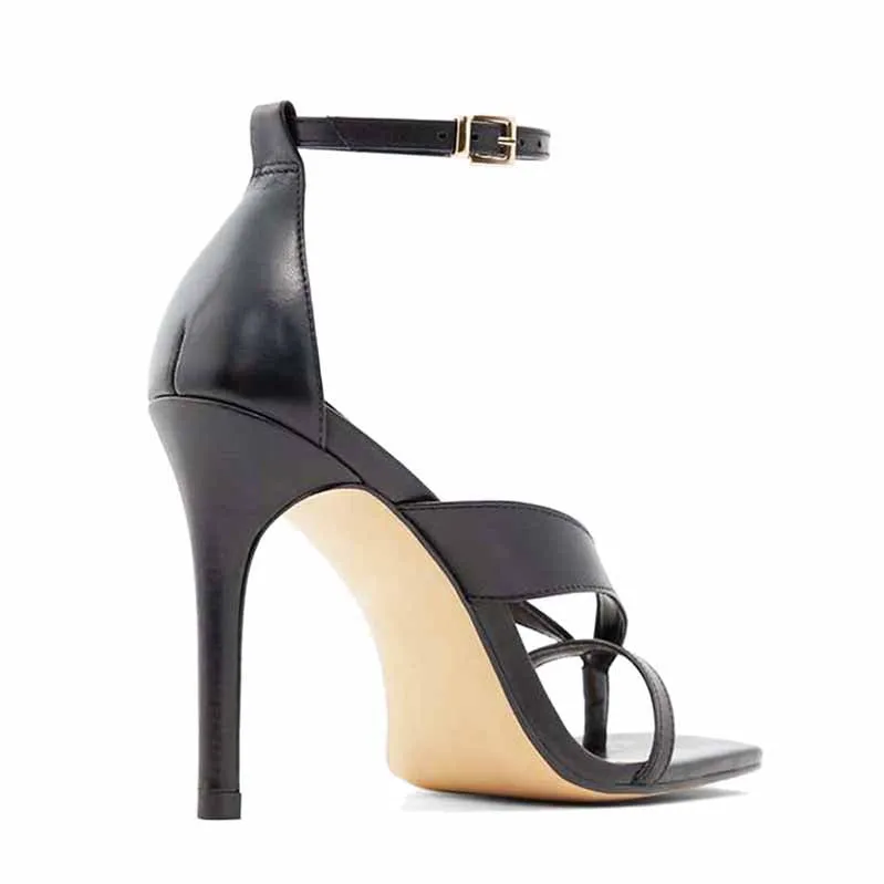 Square Toe Ankle Strappy Stiletto Black Flip Flops Ankle Strap Pumps