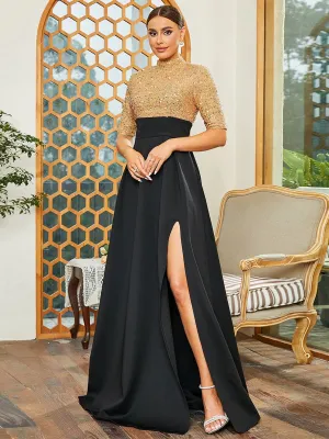 Stand Collar Panel A-Line Pleated Split Prom Dress RM20496