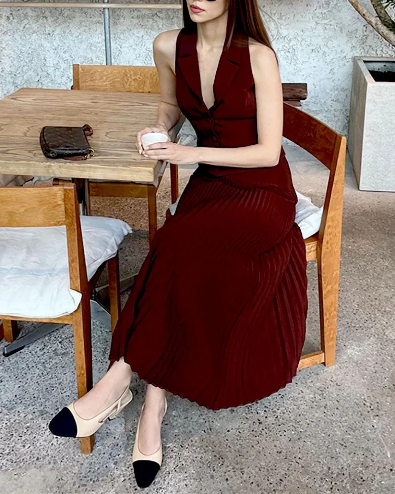 Suit collar sleeveless vest top mid-length pleated skirt suit