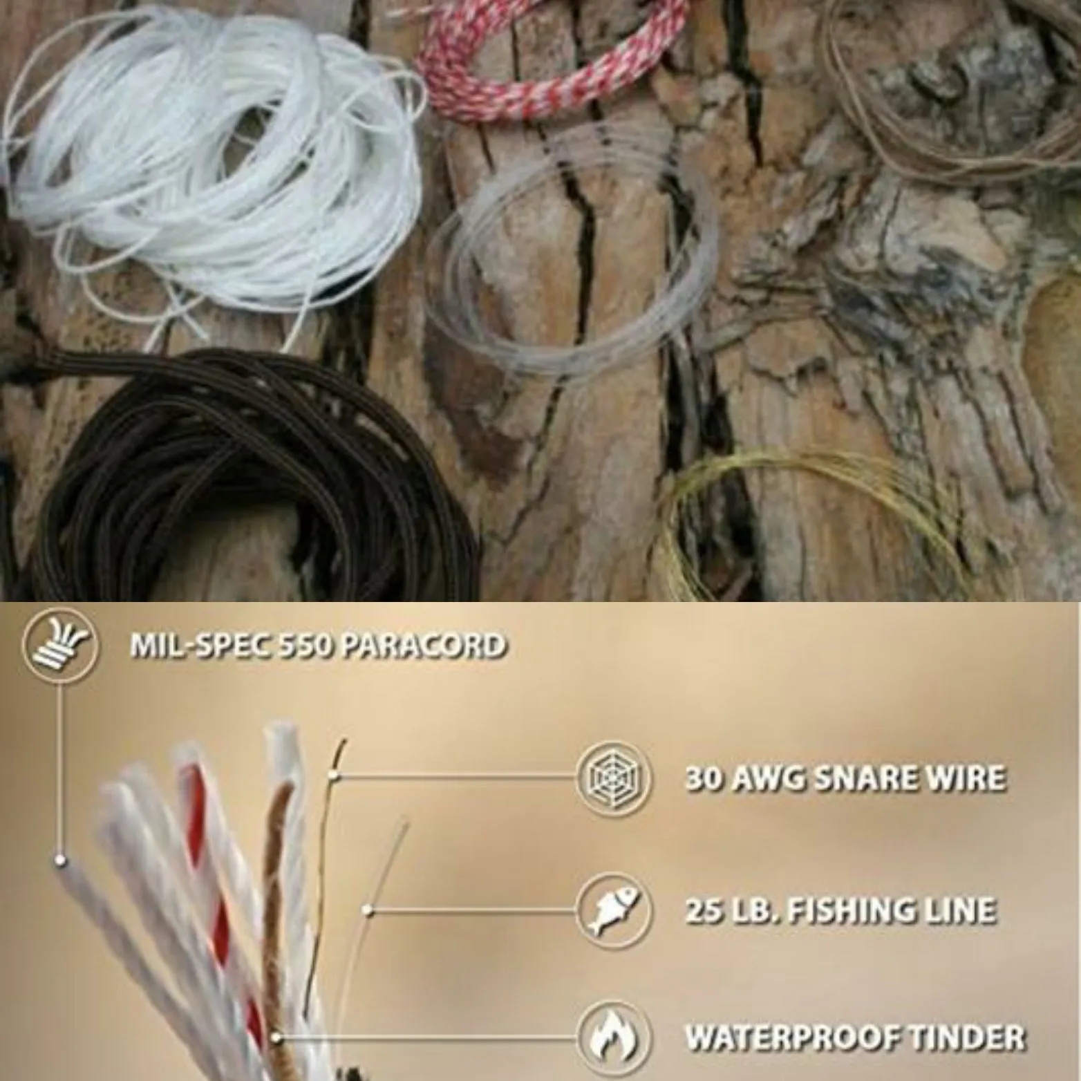 Survival Craft Collar: ParaCord Necklace, wire, fishline, tinder, firestarter, waxed wood.