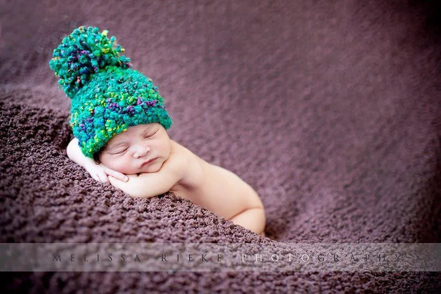 Teal Rainbow Newborn Pom Hat