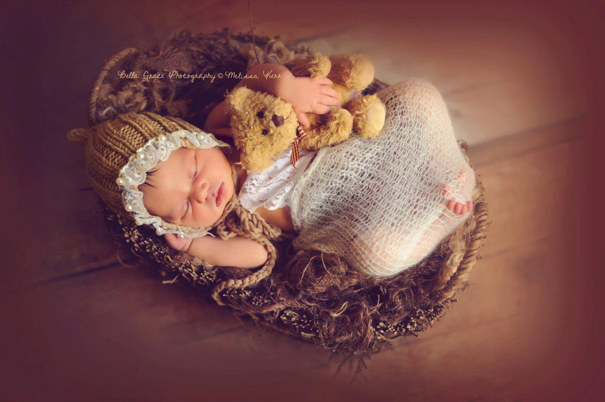 Toffee Brown Lace Pearl Cotton Knit Baby Bonnet