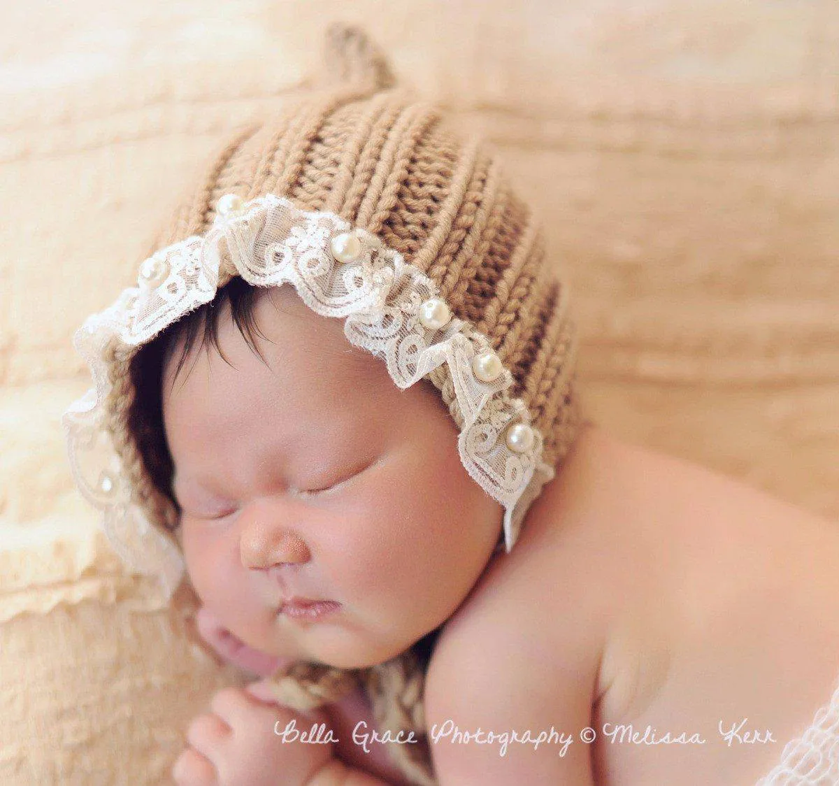 Toffee Brown Lace Pearl Cotton Knit Baby Bonnet