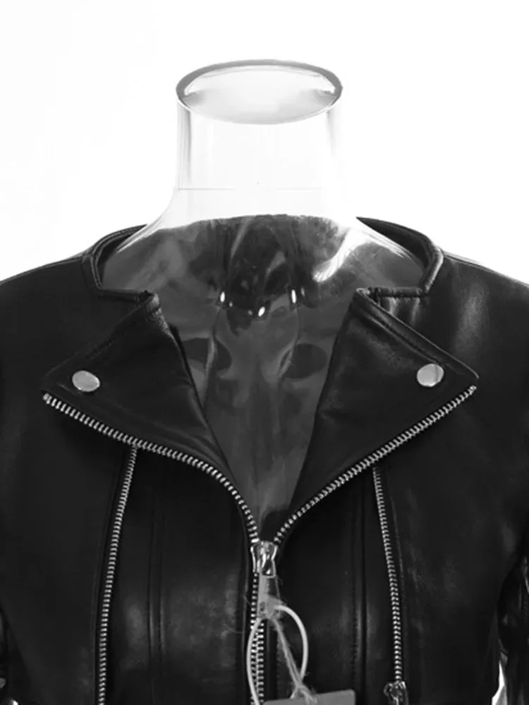 Trendy Black Leather Mesh Jacket With Belt