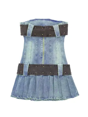 Tube top denim dress female retro hot girl pleated skirt big belt wrapped chest skirt