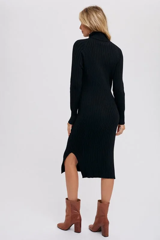 Turtleneck Ribbed Sweater Midi Dress - Black