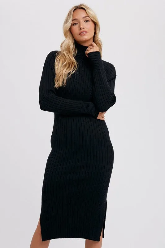 Turtleneck Ribbed Sweater Midi Dress - Black