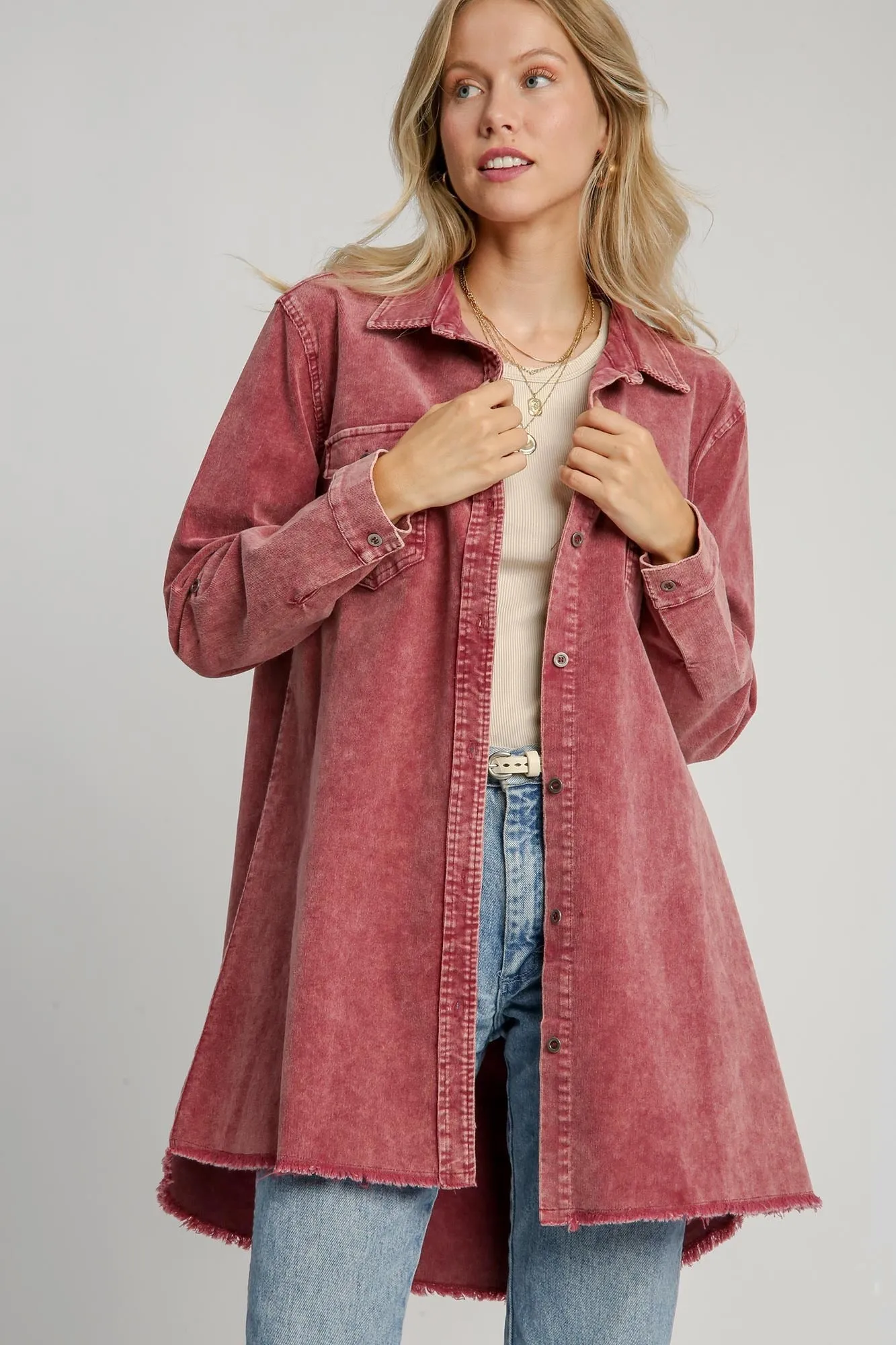 Umgee Denim Shacket Pocket Raw Hem Oversized Boyfriend Button Jean Shirt Jacket