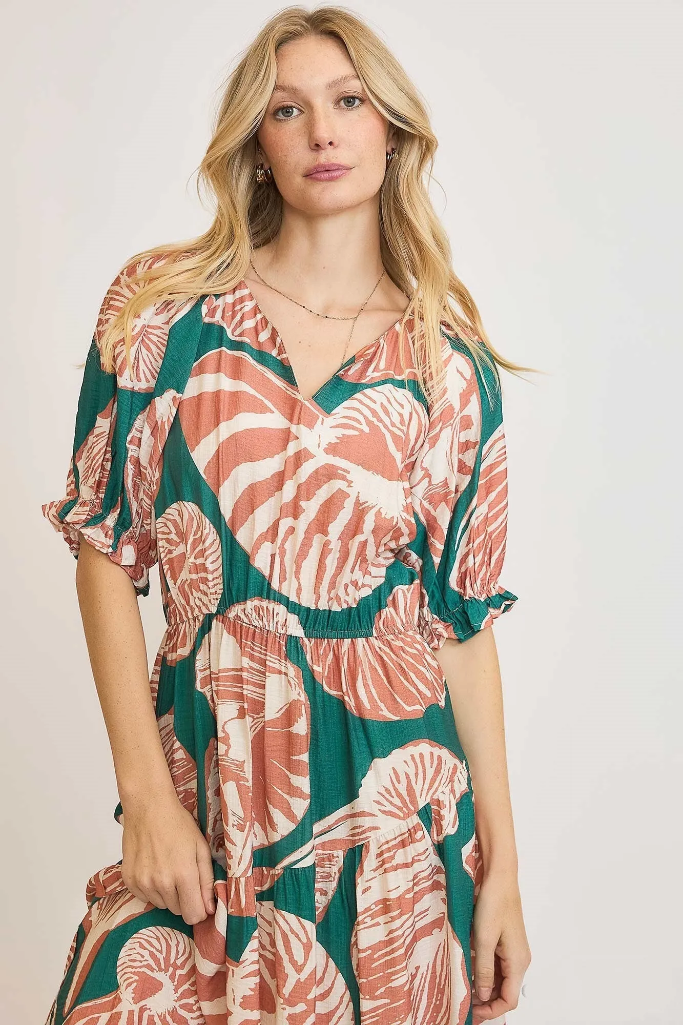 Umgee Floral Print Maxi Dress with Puff Sleeves in Green/Clay