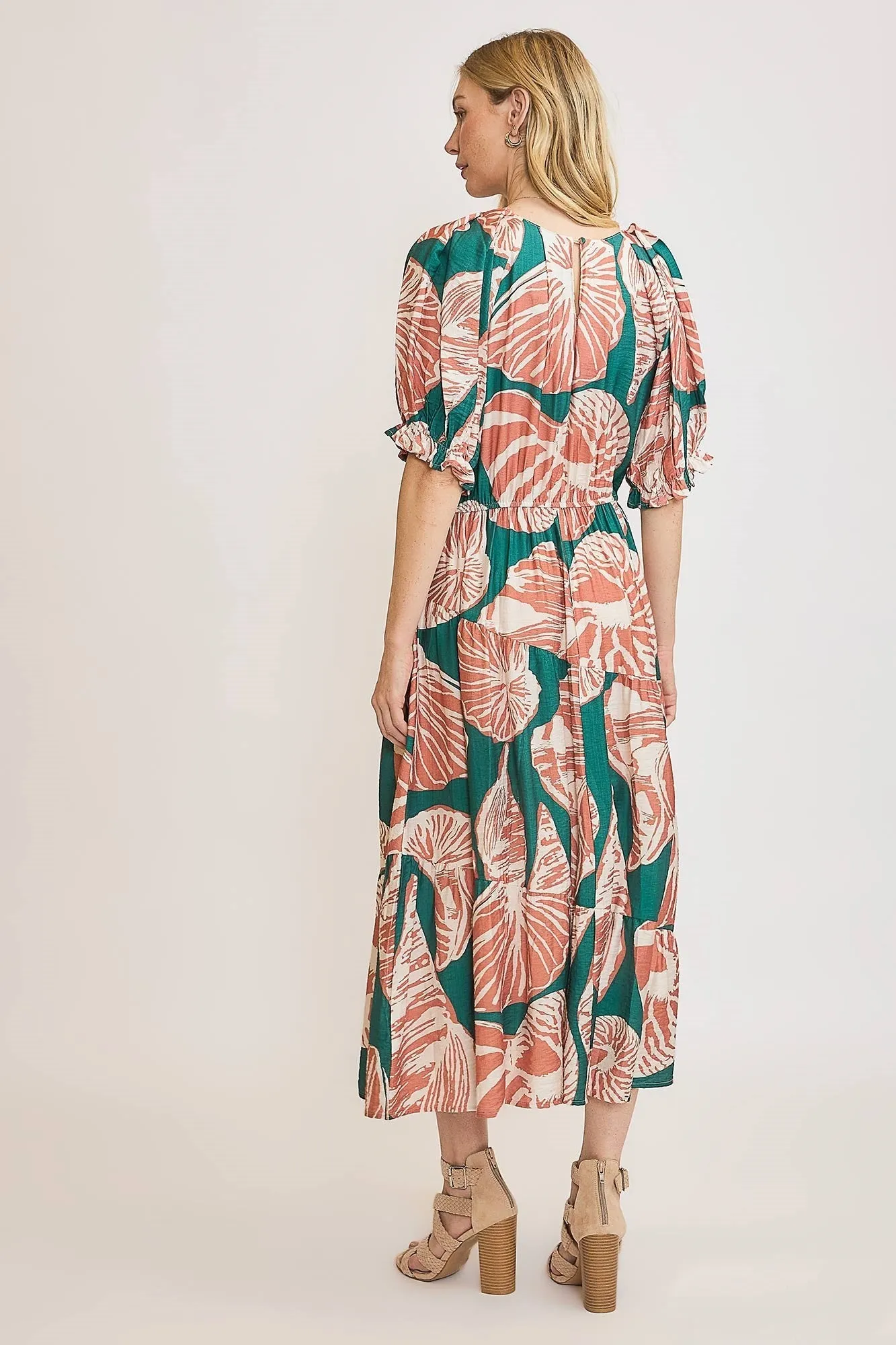 Umgee Floral Print Maxi Dress with Puff Sleeves in Green/Clay