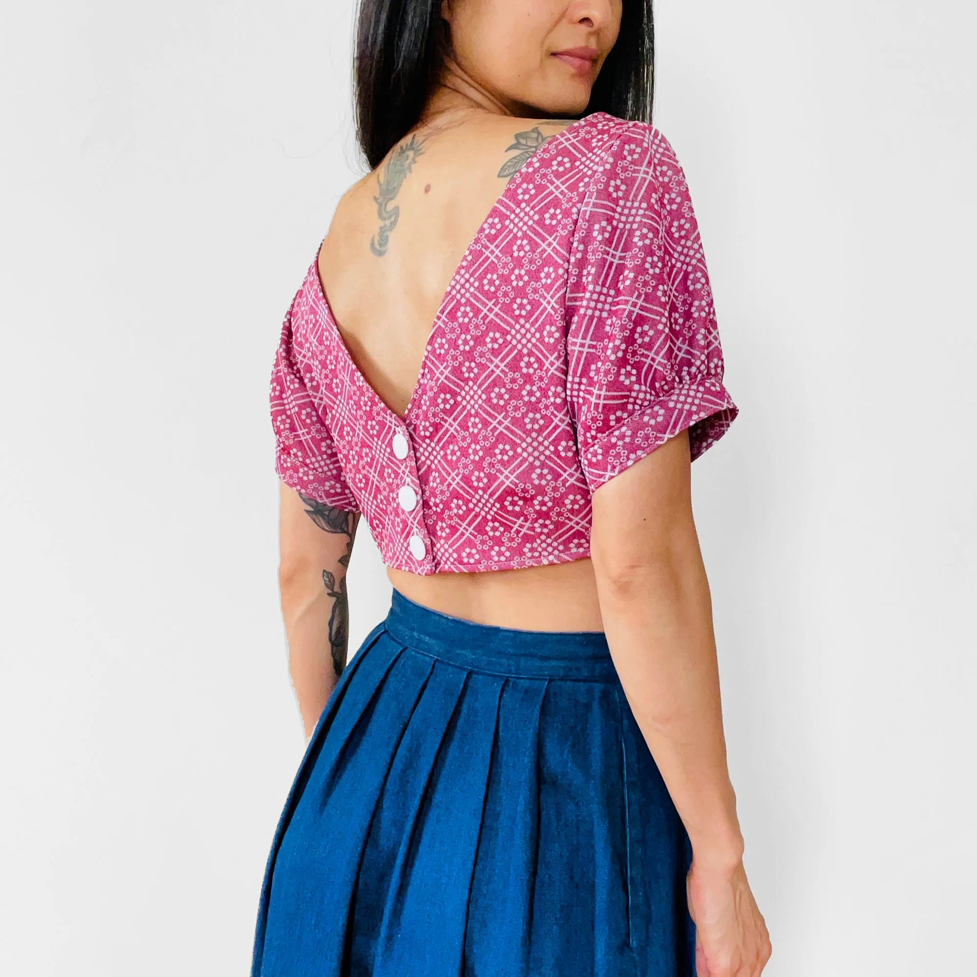 Upcycled 70s Berry Floral Handmade Wide-Neck Short-Sleeve Button-Back Crop Patterned Top