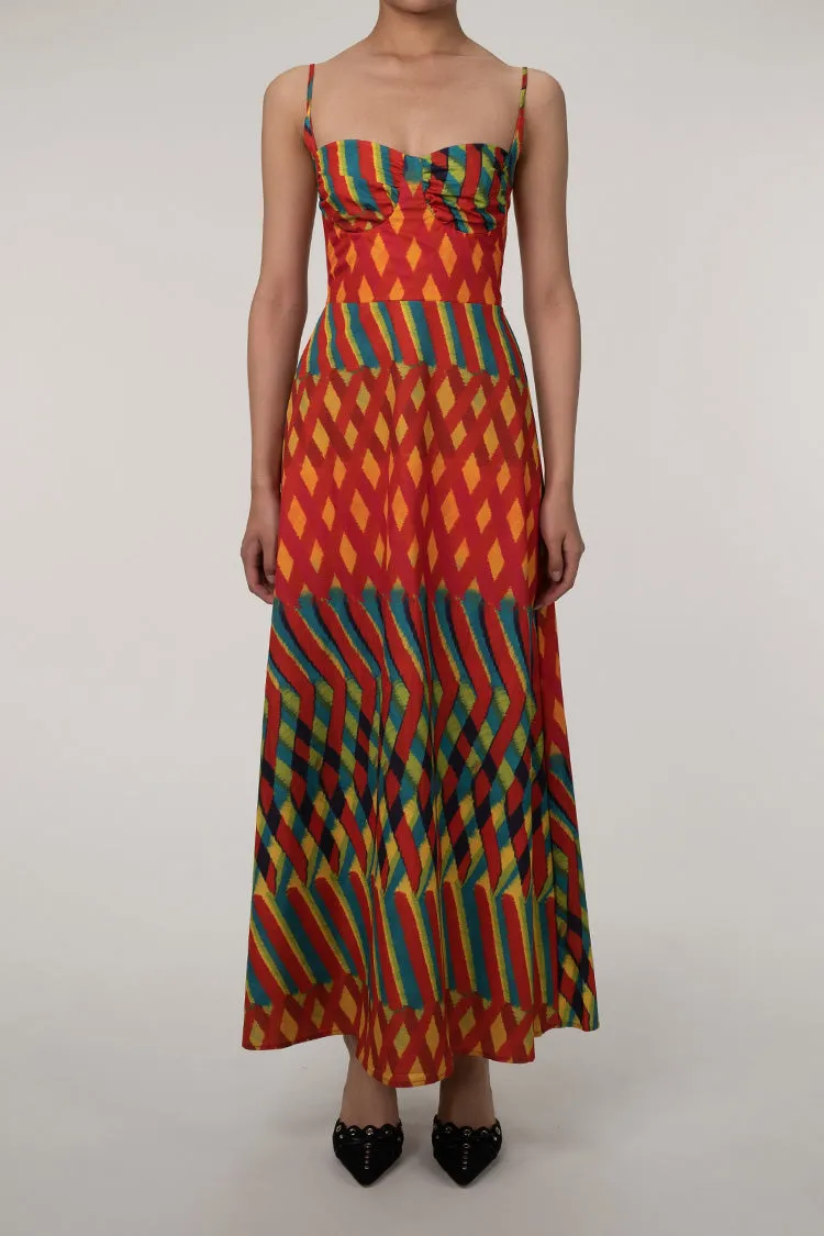 Vibrant Geometric Print Bustier Smocked Beach Vacation Maxi Sundress