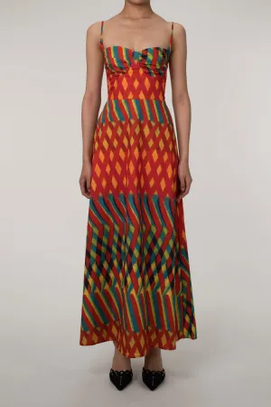 Vibrant Geometric Print Bustier Smocked Beach Vacation Maxi Sundress