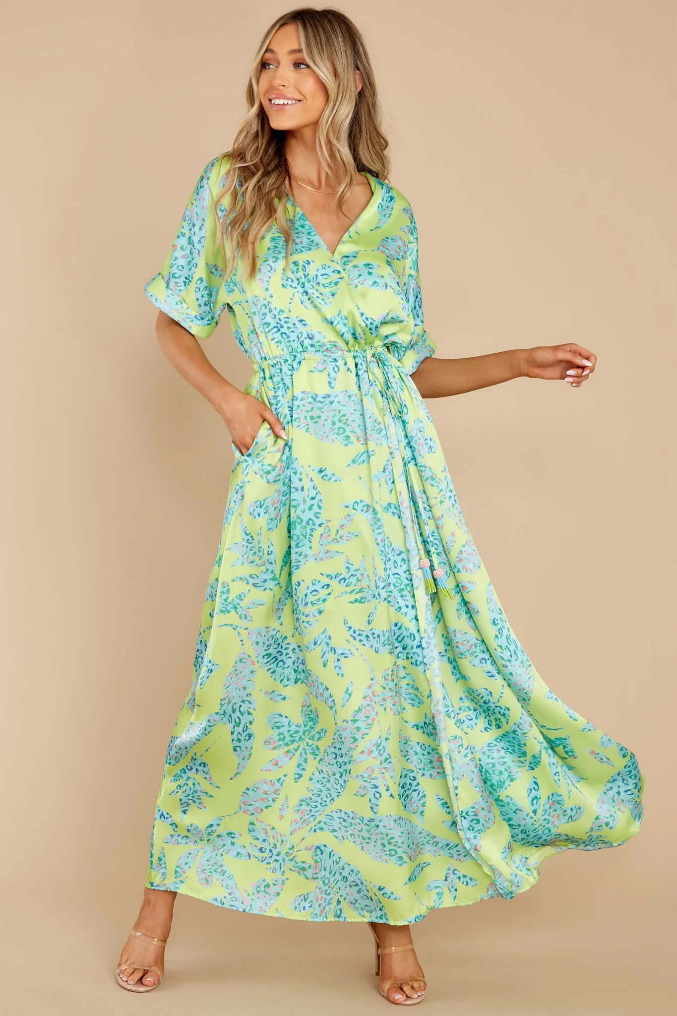 Viera Wild Lime Print Satin Faux Wrap Maxi Dress