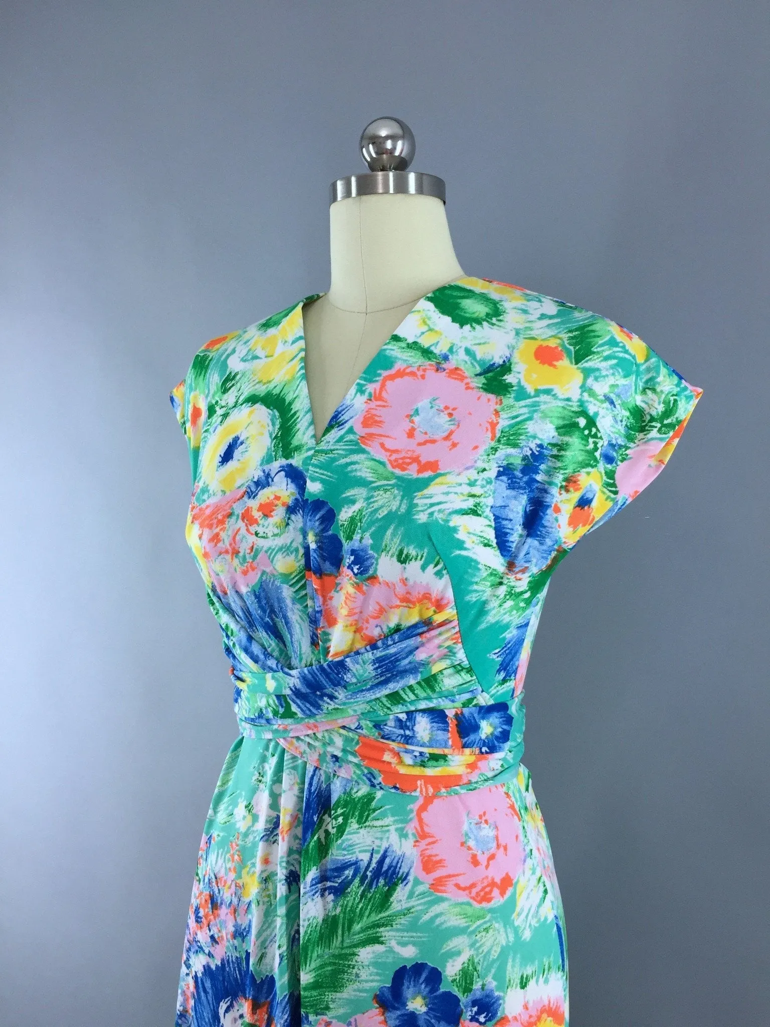 Vintage 1970s Aqua Green Floral Print Maxi Dress