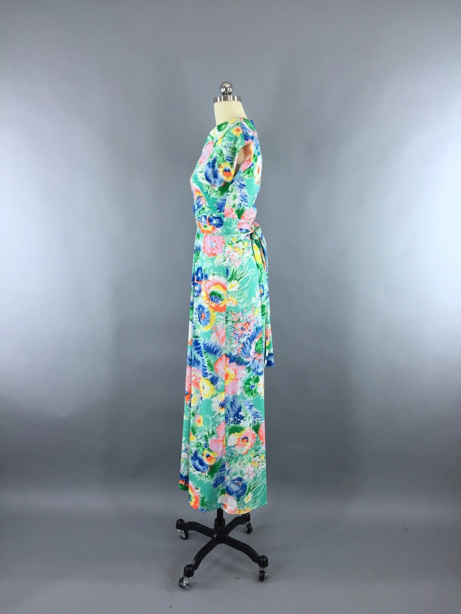 Vintage 1970s Aqua Green Floral Print Maxi Dress