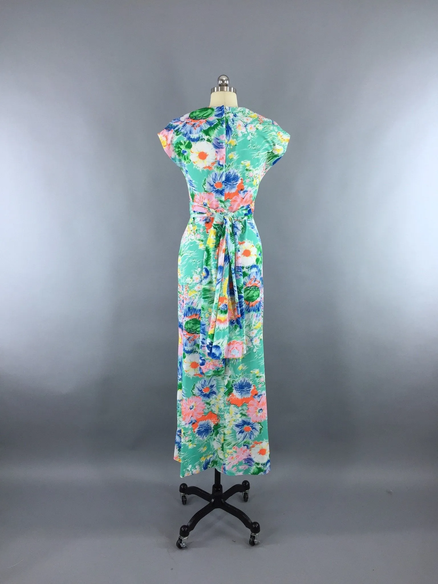 Vintage 1970s Aqua Green Floral Print Maxi Dress