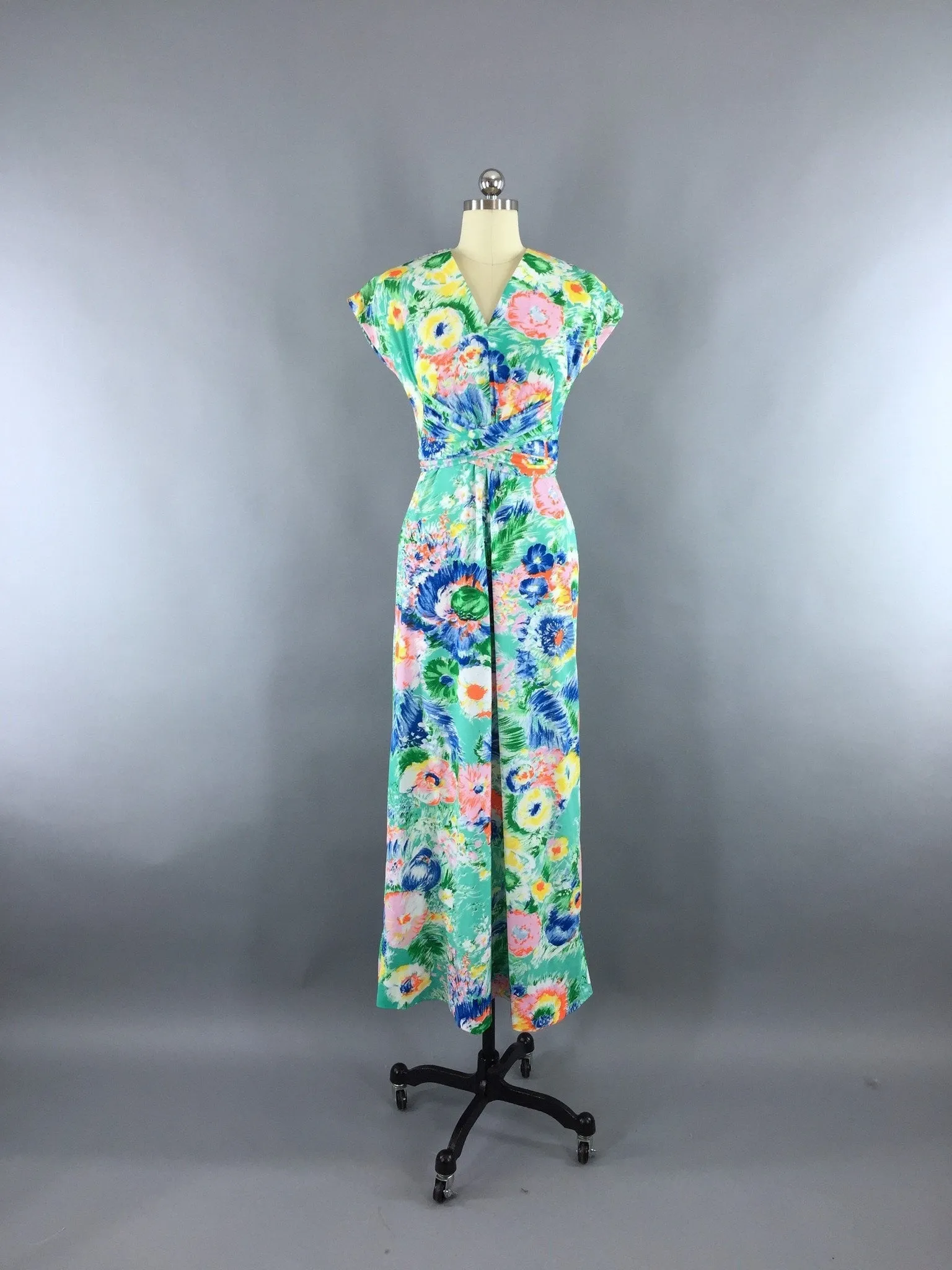 Vintage 1970s Aqua Green Floral Print Maxi Dress