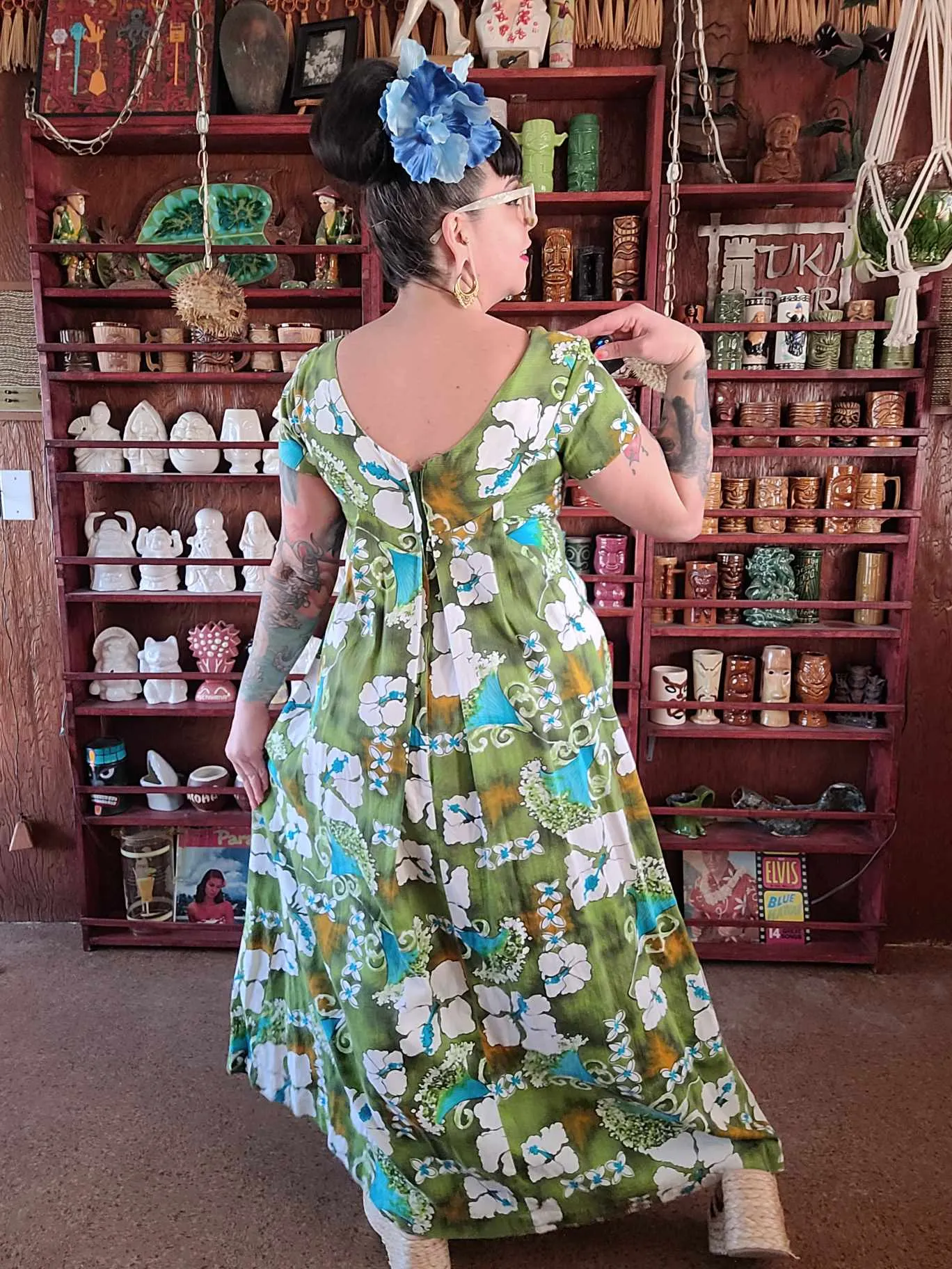 Vintage 60s Green Tropical Maxi Dress