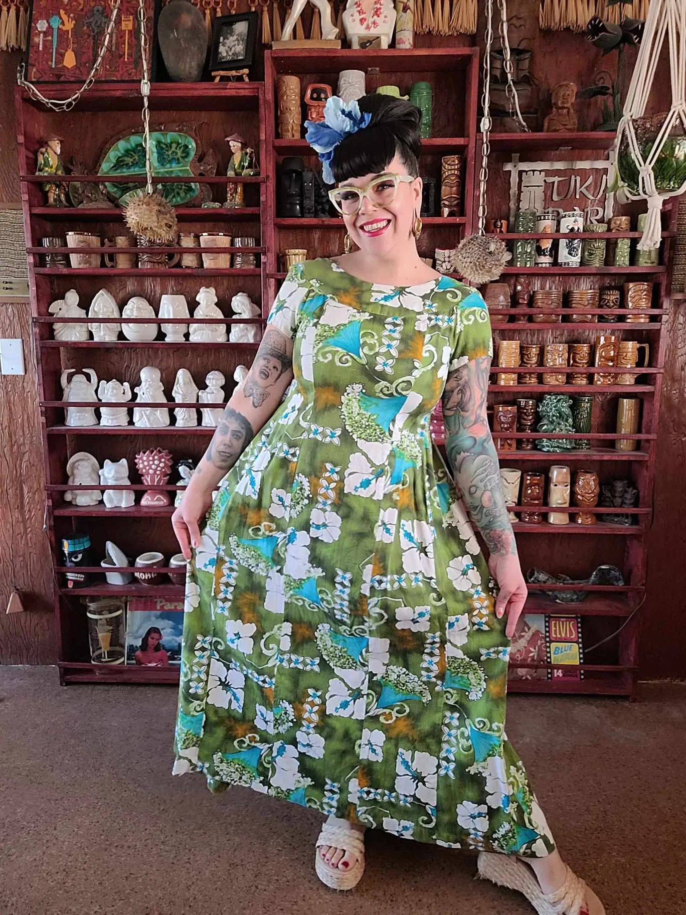 Vintage 60s Green Tropical Maxi Dress