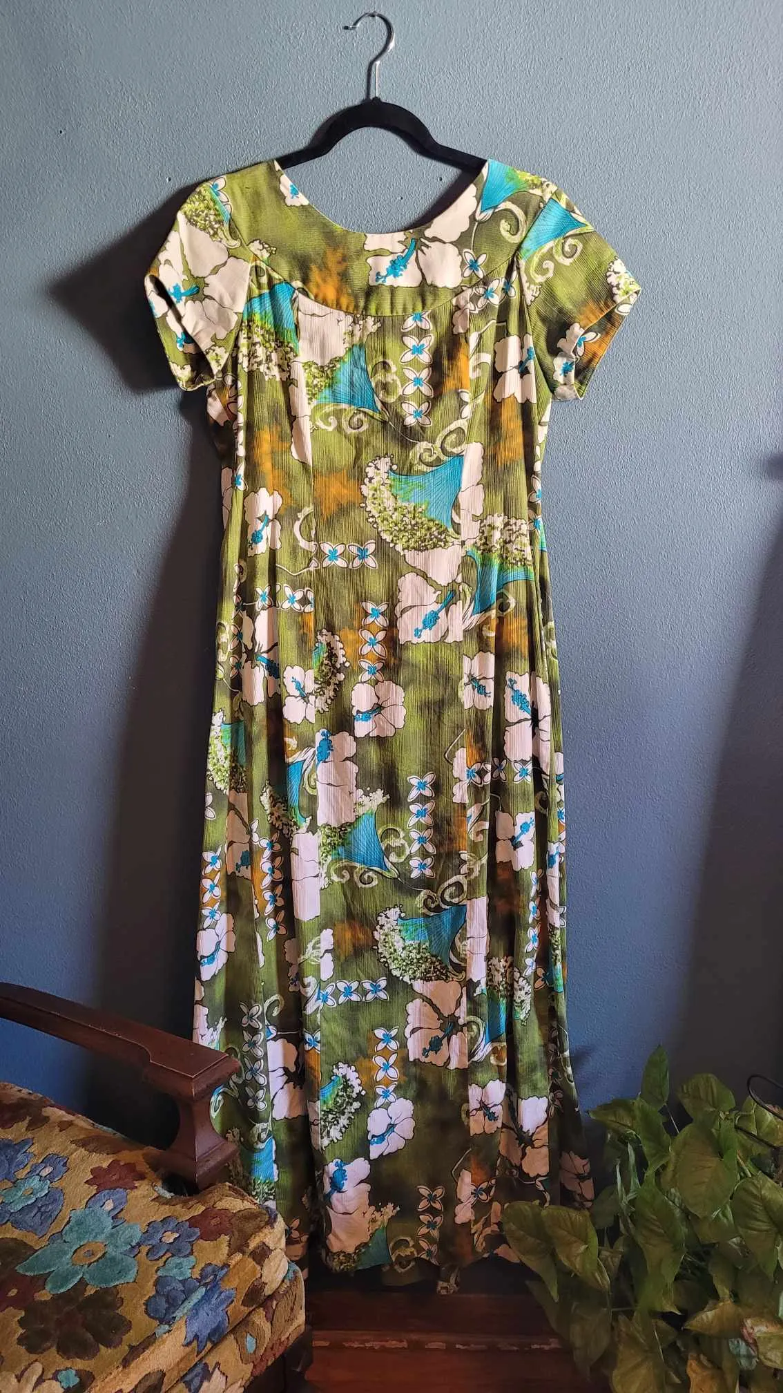 Vintage 60s Green Tropical Maxi Dress