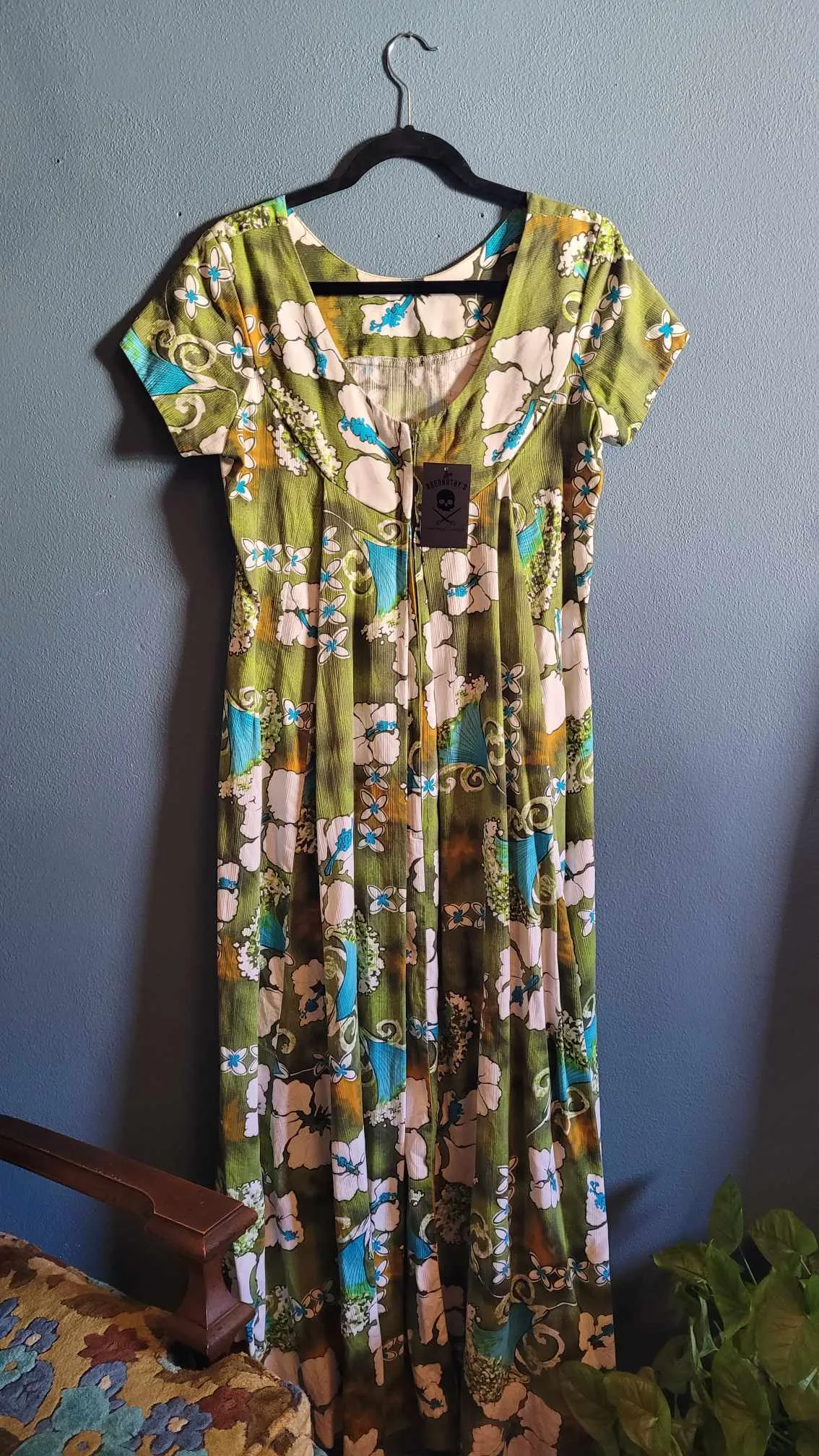 Vintage 60s Green Tropical Maxi Dress