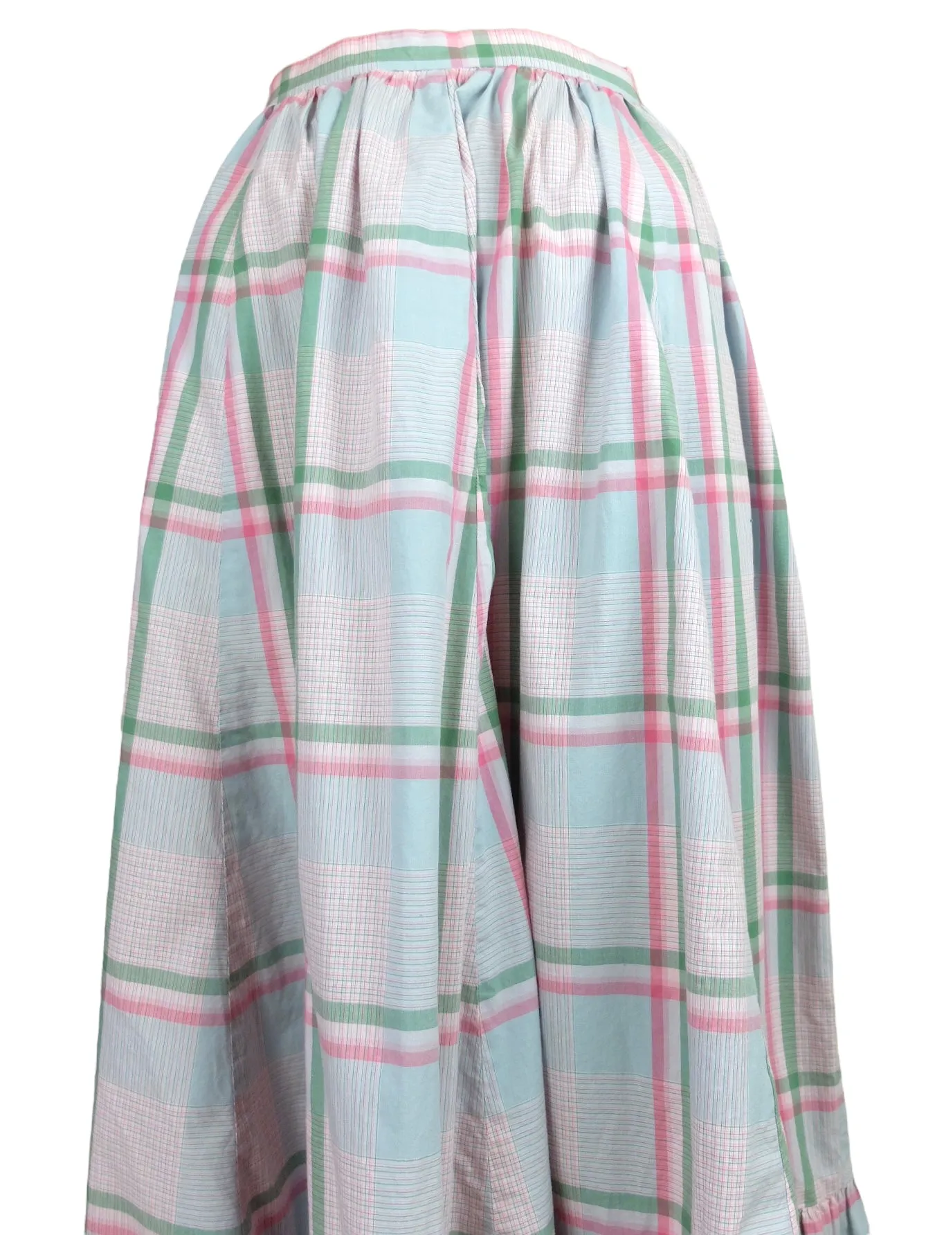 Vintage 80s Ralph Lauren Preppy Cottage Prairie High Waisted Pastel Pink & Green Check Print Ruffled Floor Length Cotton Maxi Skirt | 27 Inch Waist