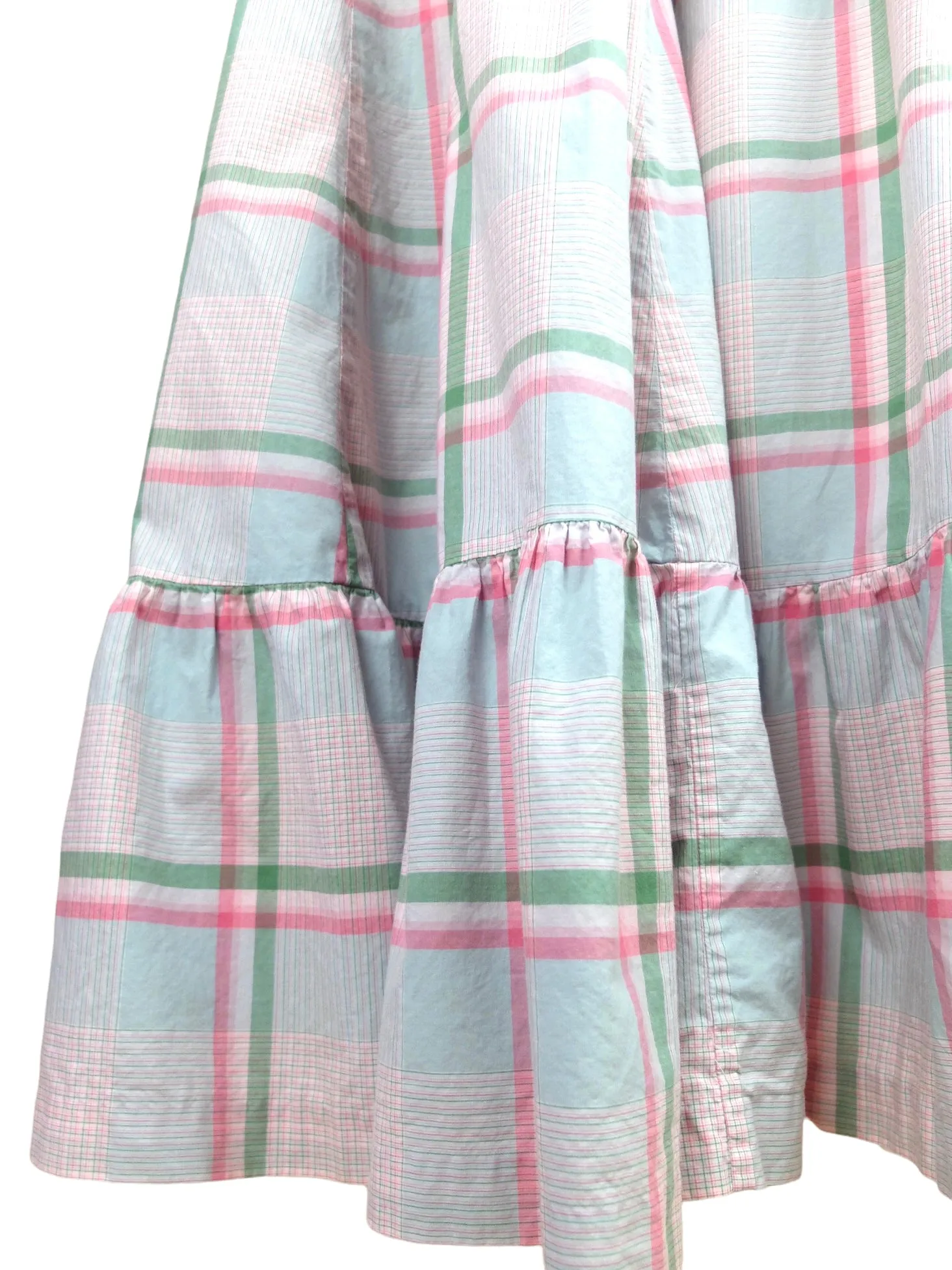 Vintage 80s Ralph Lauren Preppy Cottage Prairie High Waisted Pastel Pink & Green Check Print Ruffled Floor Length Cotton Maxi Skirt | 27 Inch Waist