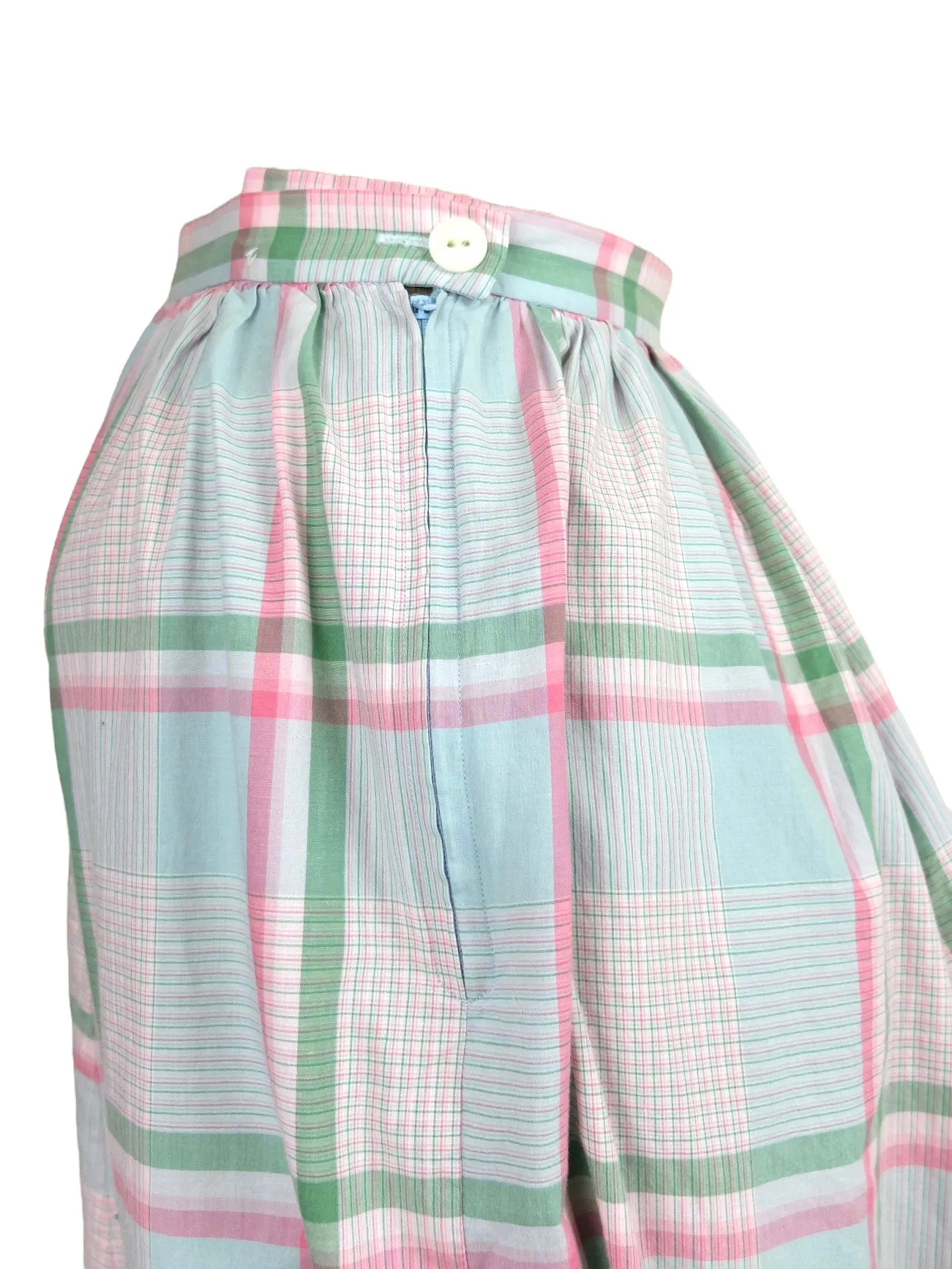 Vintage 80s Ralph Lauren Preppy Cottage Prairie High Waisted Pastel Pink & Green Check Print Ruffled Floor Length Cotton Maxi Skirt | 27 Inch Waist