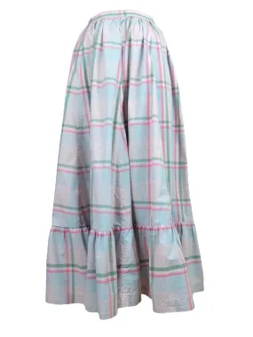 Vintage 80s Ralph Lauren Preppy Cottage Prairie High Waisted Pastel Pink & Green Check Print Ruffled Floor Length Cotton Maxi Skirt | 27 Inch Waist