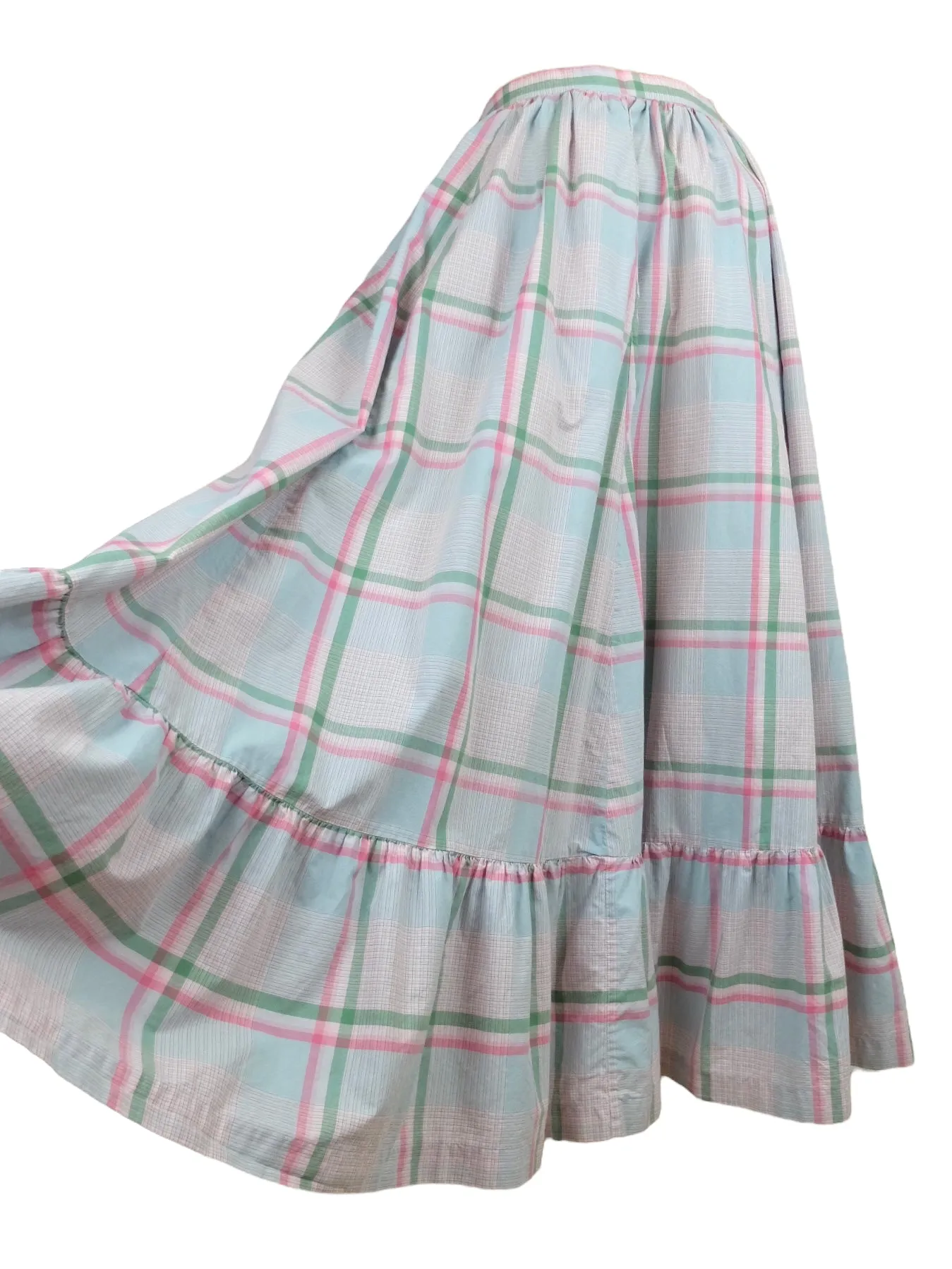 Vintage 80s Ralph Lauren Preppy Cottage Prairie High Waisted Pastel Pink & Green Check Print Ruffled Floor Length Cotton Maxi Skirt | 27 Inch Waist