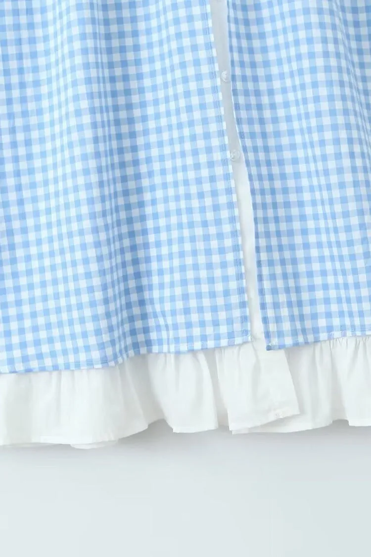 Vintage Gingham Printed Tie Strap Button Up Tiered Ruffle Midi Sundress