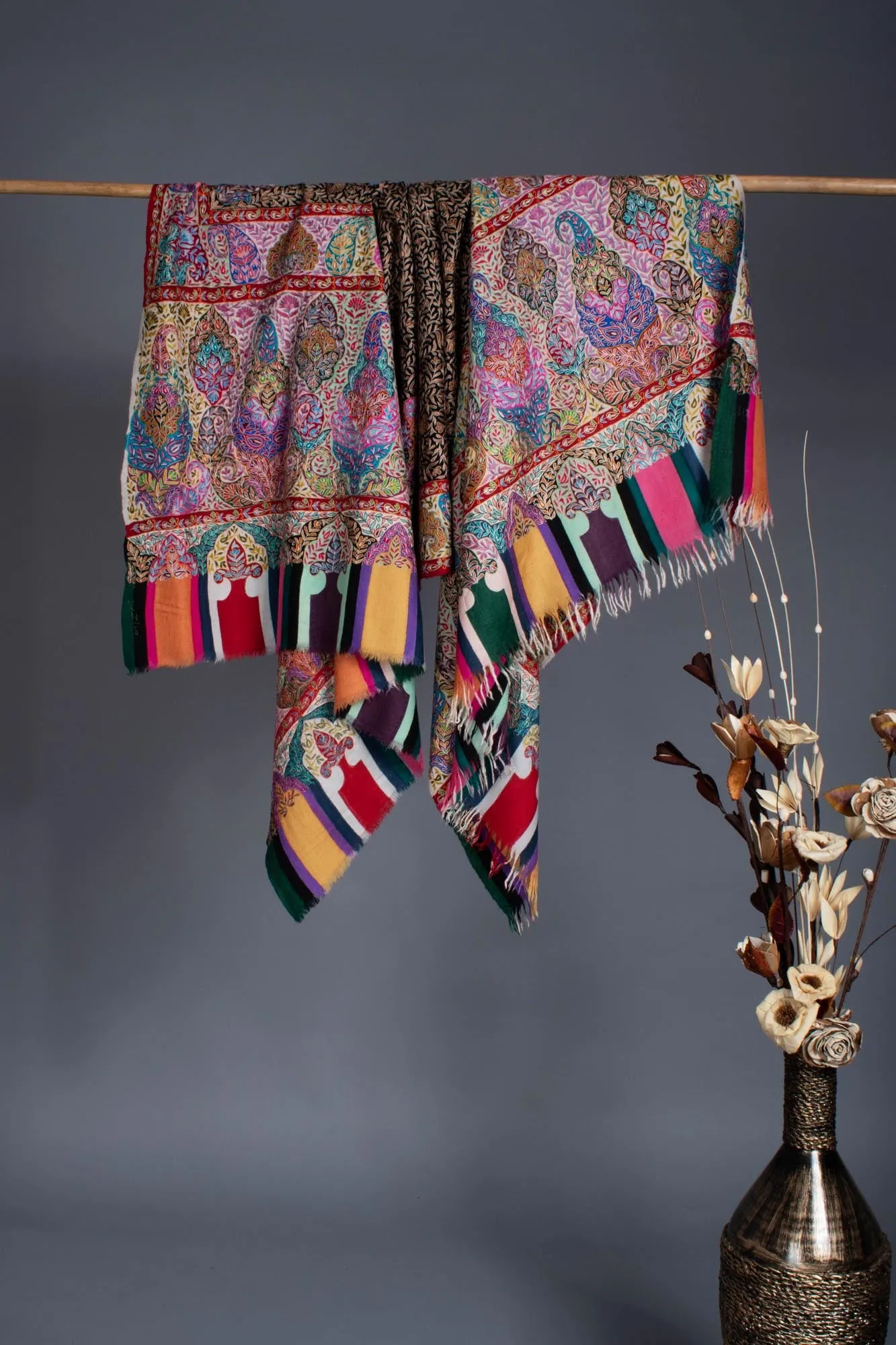 Warm and Artistic Hand painted and Embroidered Pashmina Shawl - CUMILLA