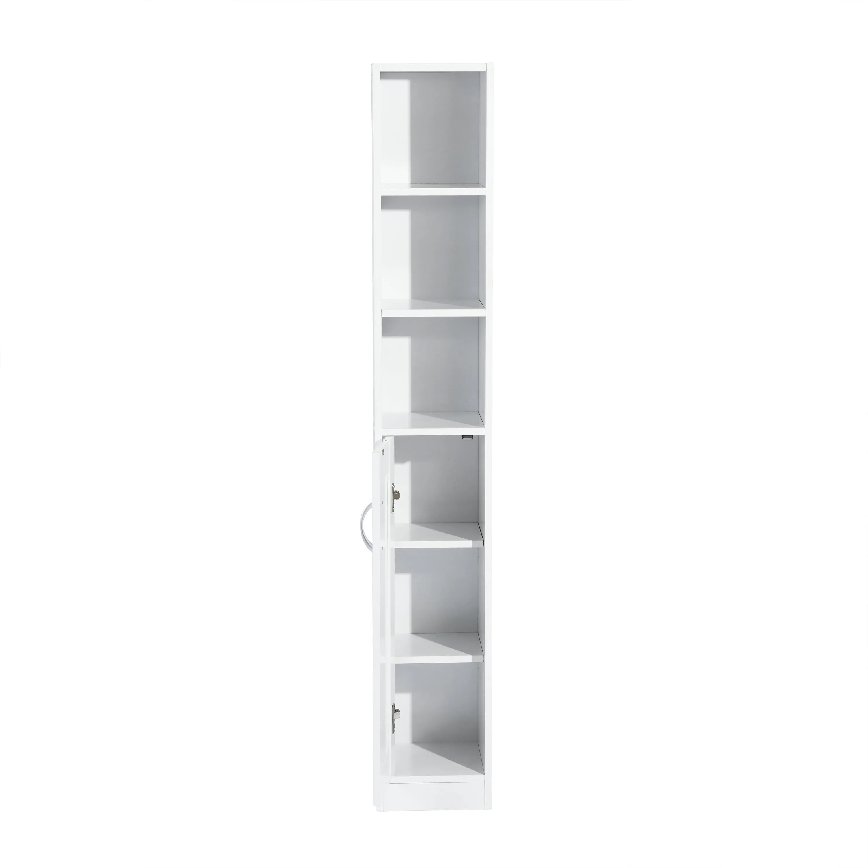 White Bathroom Storage Cabinet with Shelf Narrow Corner Organizer Floor Standing (H63 6 Shelves 1 Door)