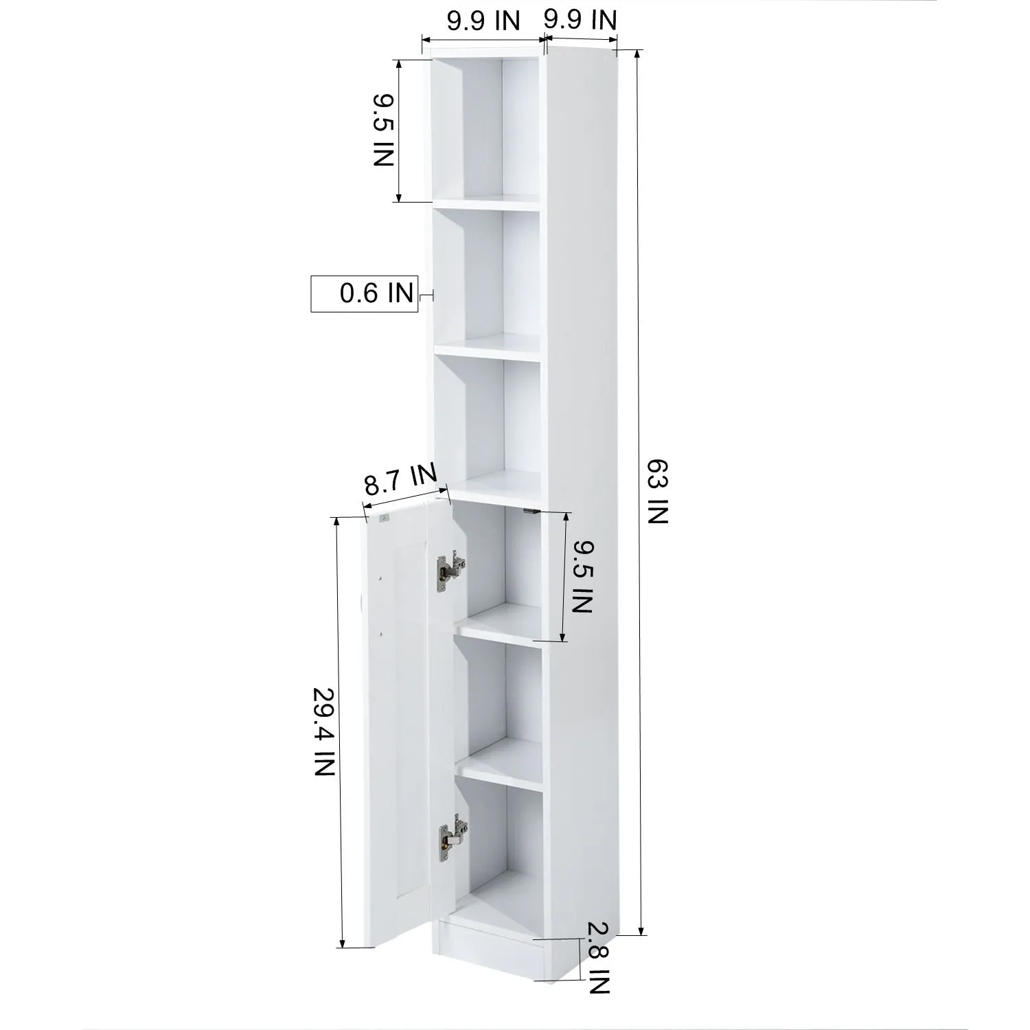 White Bathroom Storage Cabinet with Shelf Narrow Corner Organizer Floor Standing (H63 6 Shelves 1 Door)