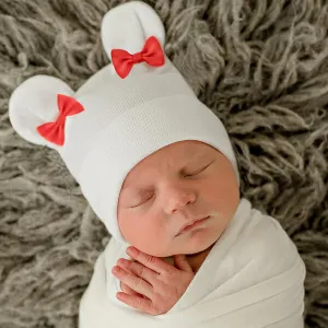 White Bear with Red Bows at Ears for Newborn Girls Hospital Hat - Newborn and 0-3 months