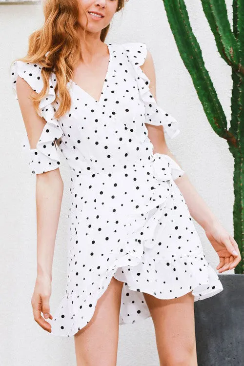 White Polka Dot Ruffles Short Wrap Dress