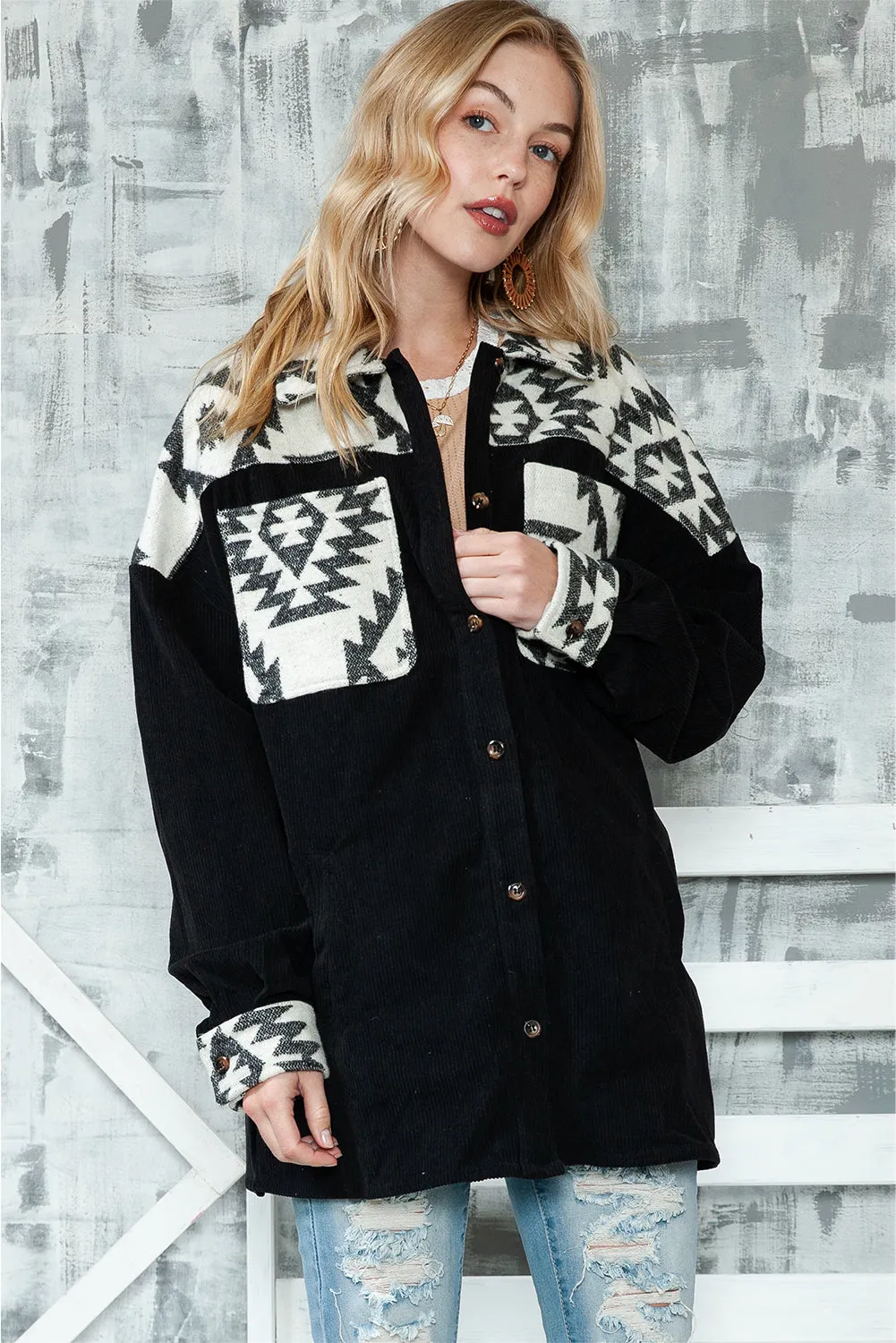 Wholesale Black Geometric Patchwork Buttoned Corded Shacket