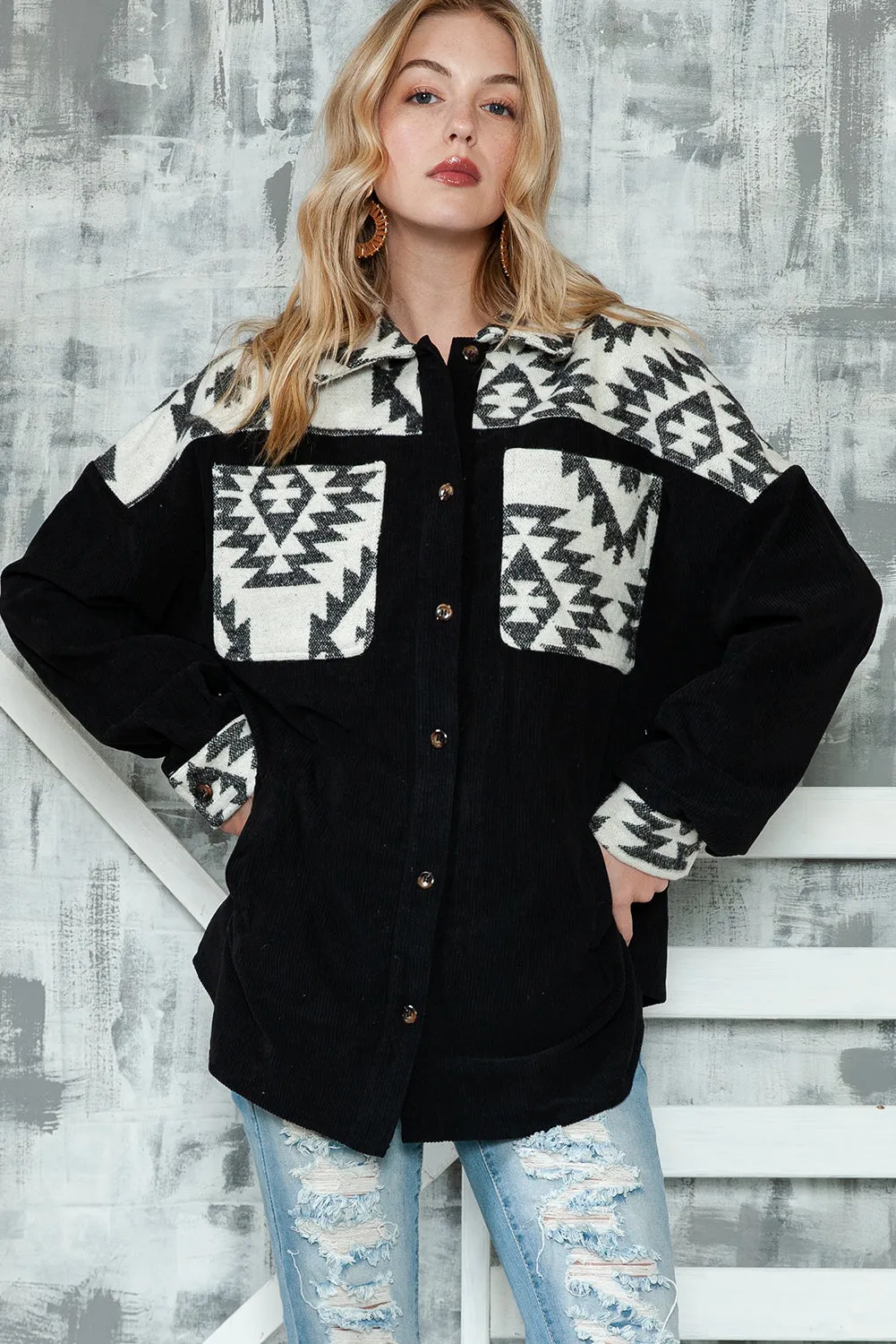 Wholesale Black Geometric Patchwork Buttoned Corded Shacket