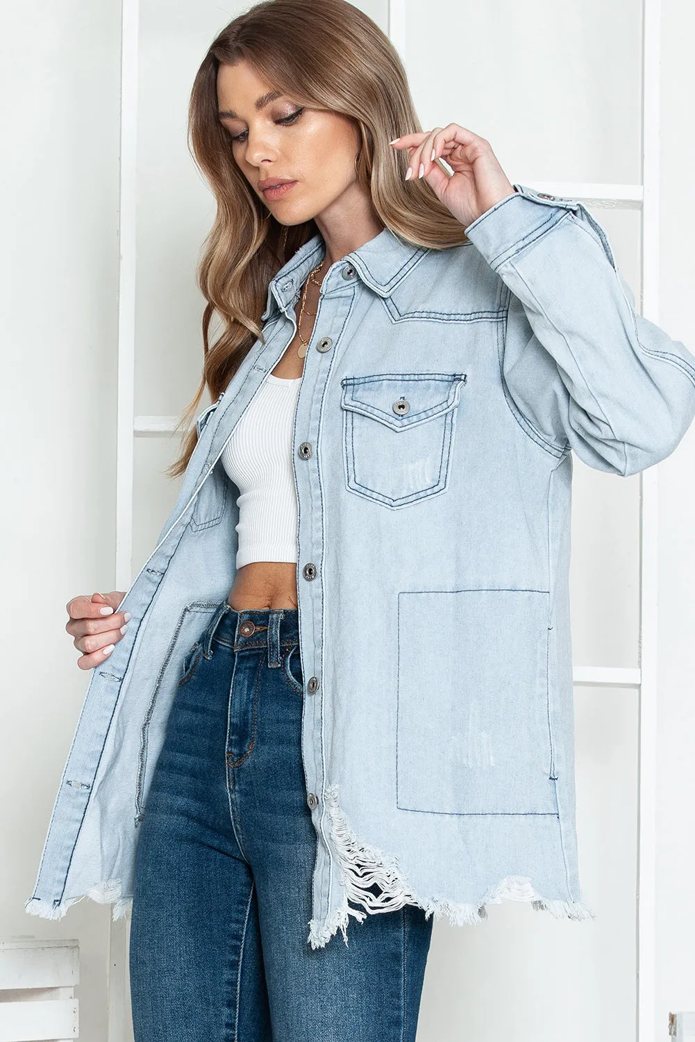 Wholesale Light Blue Flap Pocket Buttoned Raw Hem Denim Shacket