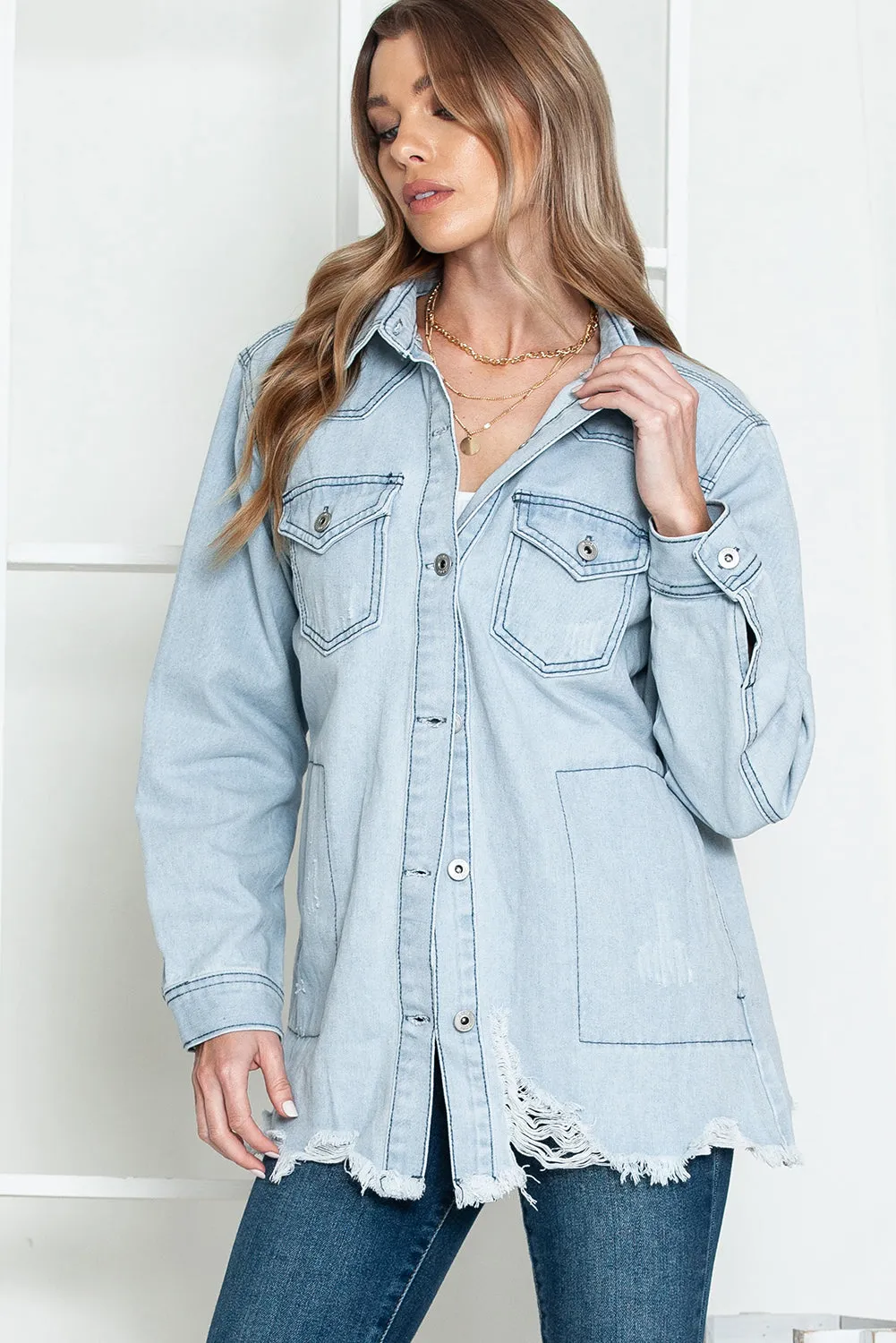 Wholesale Light Blue Flap Pocket Buttoned Raw Hem Denim Shacket