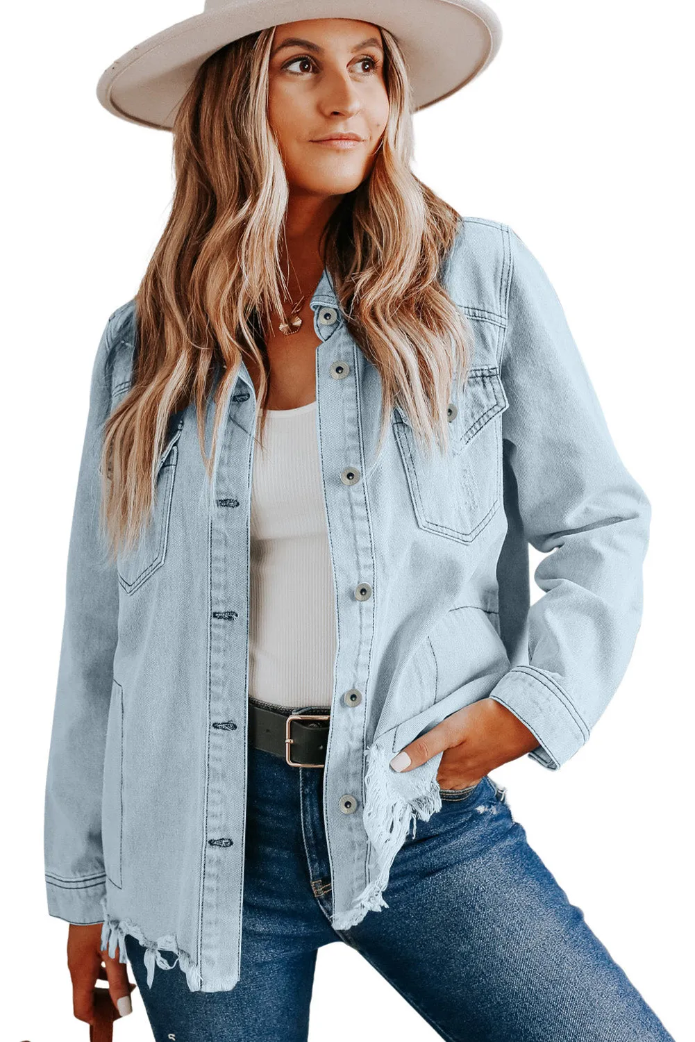 Wholesale Light Blue Flap Pocket Buttoned Raw Hem Denim Shacket