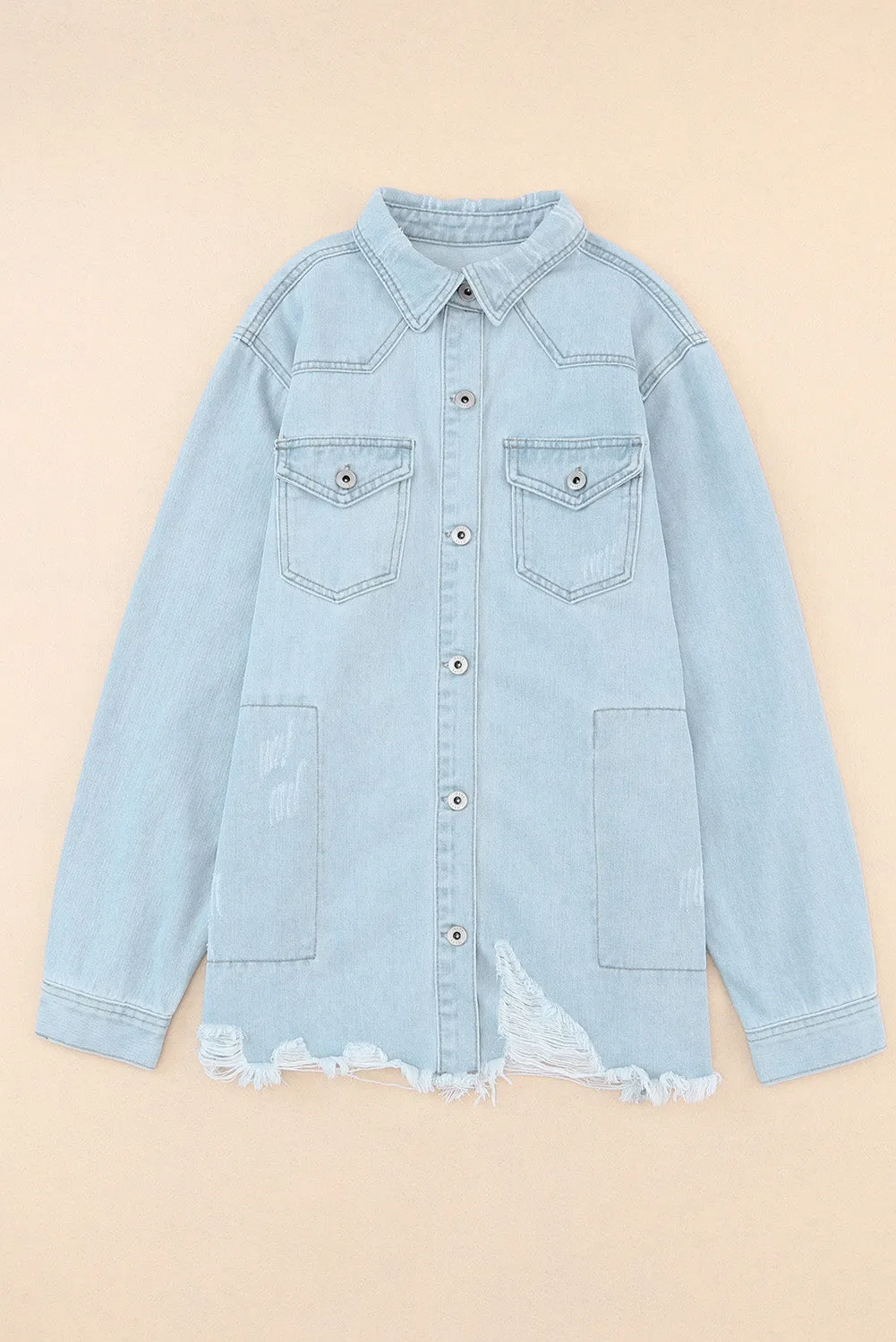 Wholesale Light Blue Flap Pocket Buttoned Raw Hem Denim Shacket