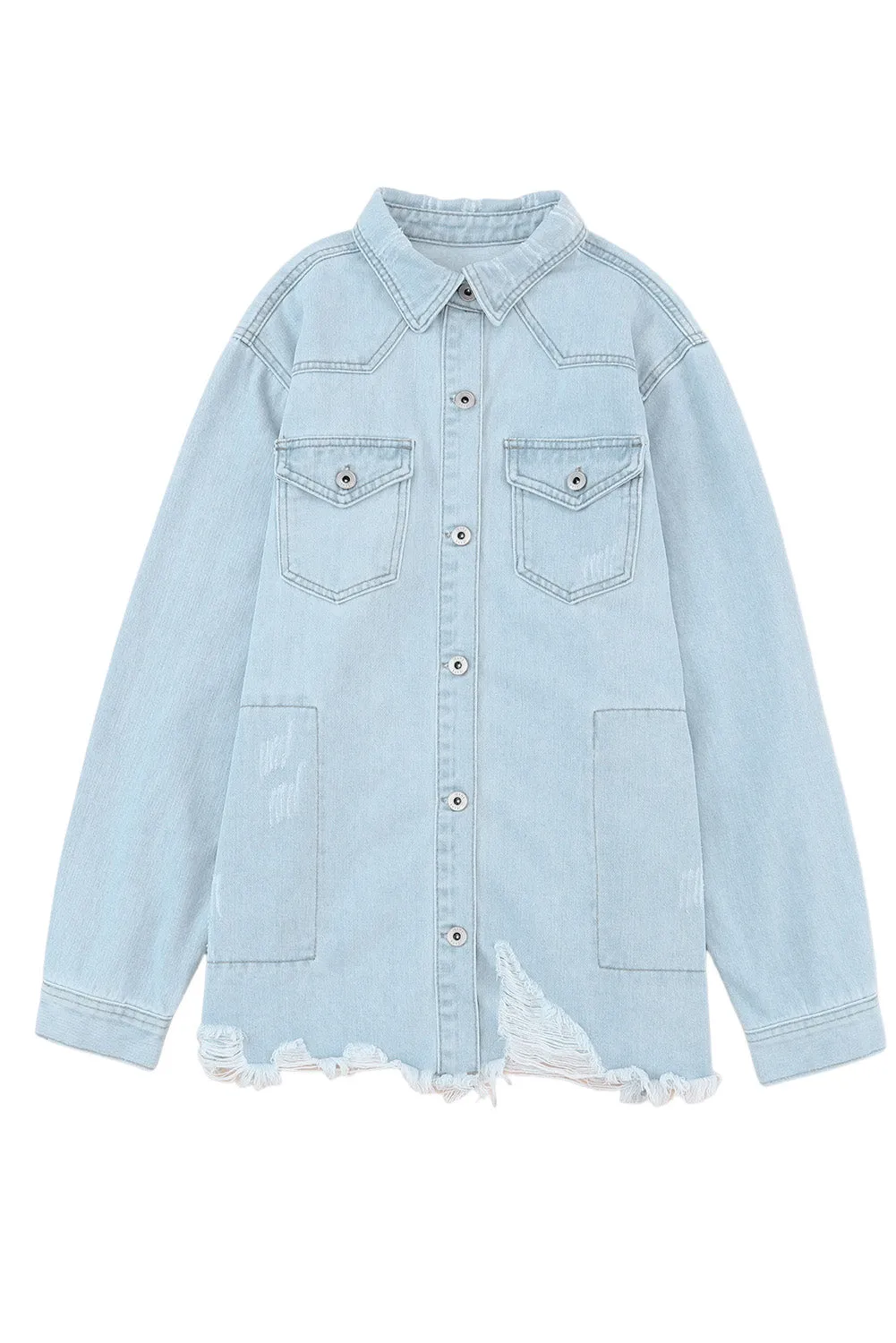 Wholesale Light Blue Flap Pocket Buttoned Raw Hem Denim Shacket