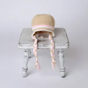 Winter Beige and Pink Newborn Tassels Hat