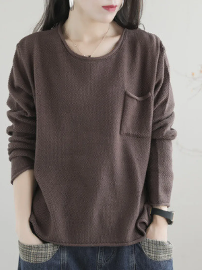 Women Knitted Small Pocket Solid Color Casual Loose Retro Sweater Top