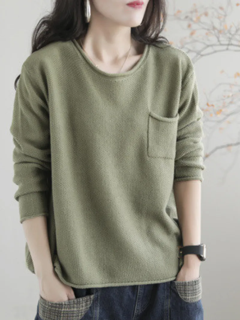 Women Knitted Small Pocket Solid Color Casual Loose Retro Sweater Top